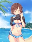  1girl beach bikini breasts brown_eyes brown_hair cleavage honda_mio idolmaster idolmaster_cinderella_girls jiino looking_at_viewer shirt_lift short_hair solo swimsuit swimsuit_under_clothes 