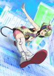  1girl abstract_background android bike_shorts blush boots copyright_name dimension_w dress green_eyes green_hair happy headgear highres looking_at_viewer multicolored_hair nekota_susumu open_mouth short_hair solo streaked_hair tail two-tone_hair white_legwear yurizaki_mira 