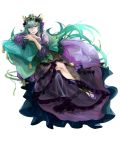  1girl astaroth_(p&amp;d) crown dress green_hair hair_ornament highres kachina long_hair nail_polish puzzle_&amp;_dragons shoes sitting solo violet_eyes 