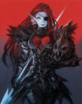  1girl alternate_hairstyle armor blue_skin cowboy_shot energy_spear energy_weapon eyepatch grey_eyes head_fins headwear_removed heart helmet helmet_removed highres lipstick long_hair makeup monster_girl opiu polearm redhead solo spear spoilers tagme undertale undyne undyne_the_undying weapon yellow_sclera 