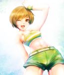  1girl bob_cut brown_eyes brown_hair garasho000 one_eye_closed persona persona_4 persona_4_the_golden satonaka_chie short_hair shorts solo sports_bra tomboy 