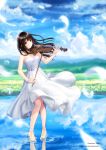  1girl black_hair dress feathers highres instrument kazuharu_kina long_hair original reflection ripples solo sundress violin 