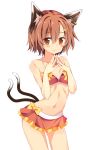  1girl animal_ears bare_shoulders bikini blush blush_stickers bow brown_hair cat_ears cat_tail chen earrings hair_ornament hairclip hands_up highres jewelry looking_at_viewer maturiuta_sorato midriff navel no_hat no_headgear red_bikini red_eyes short_hair simple_background single_earring solo standing stomach swimsuit tail touhou white_background 