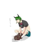  1boy ahi_tb animal_ears bow bowtie cat_ears gloves green_hair one_piece open_mouth sham_(one_piece) simple_background sitting solo white_background 