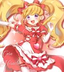  1girl :d asahina_mirai blonde_hair bow character_name choker cowboy_shot cure_miracle earrings elbow_gloves gloves hair_bow hat heart heart_earrings highres ichima_(pixiv) jewelry long_hair looking_at_viewer magical_girl mahou_girls_precure! mini_hat mini_witch_hat open_mouth pink_hat precure red_bow ruby_style skirt smile solo striped striped_bow thigh-highs twintails violet_eyes white_gloves white_legwear witch_hat 