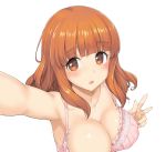  1girl blush bra breasts brown_eyes brown_hair cleavage girls_und_panzer large_breasts long_hair looking_at_viewer open_mouth self_shot smile solo takayaki takebe_saori underwear v 