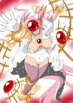  1girl blood bloody_tears bow breasts choker dress gloves goddess_madoka hair_bow kaname_madoka large_breasts long_hair mahou_shoujo_madoka_magica oman_(evld) open_mouth pink_hair pink_legwear smile solo spoilers tears two_side_up white_dress white_gloves 