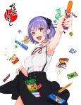  1girl blue_eyes breasts candy dagashi_kashi deca_purio flower hair_flower hair_ornament hairband highres large_breasts looking_at_viewer no_legwear open_mouth purple_hair ramune shidare_hotaru short_hair sleeveless smile solo tupet umaibou 