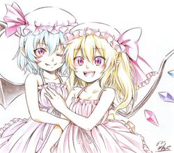  2girls :d alternate_costume bare_shoulders bat_wings blonde_hair crayon_(medium) dress fang_out fangs flandre_scarlet hair_between_eyes hat highres lavender_hair looking_at_viewer mob_cap multiple_girls nora_wanko one_eye_closed open_mouth pointy_ears remilia_scarlet short_hair siblings side_ponytail sisters slit_pupils smile touhou traditional_media vampire white_dress wings 