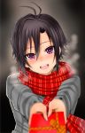  1girl black_hair blurry blush box foreshortening gift gift_box hair_between_eyes happy idolmaster jacket kikuchi_makoto looking_at_viewer nonko_(mainly_erotic) open_mouth outstretched_arms red_scarf scarf short_hair solo valentine very_short_hair violet_eyes 