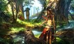  1boy 1girl bare_shoulders black_hair forest long_hair midriff nature original ox_(baallore) wolf 