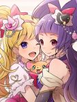  2girls ;d asahina_mirai bear black_hat blonde_hair bow cure_magical cure_miracle earrings hair_bow hairband half_updo hat izayoi_liko jewelry kyantama_land long_hair looking_at_viewer mahou_girls_precure! mini_hat mini_witch_hat mofurun_(mahou_girls_precure!) multiple_girls one_eye_closed open_mouth pink_bow pink_eyes pink_hat ponytail precure smile upper_body violet_eyes white_background witch_hat 