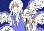  1girl angel_wings commentary_request dress kenuu_(kenny) long_hair multiple_wings outstretched_hand red_eyes sariel silver_hair smile solo touhou touhou_(pc-98) wings 