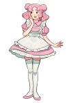  1girl apron blissey cdov34 dress full_body hand_on_own_face looking_to_the_side personification pink_hair pokemon simple_background smile solo thigh-highs white_background 