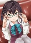  1girl black_hair glasses green_eyes highres kamelie kantai_collection multicolored_hair okinami_(kantai_collection) school_uniform short_hair smile solo 