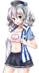  1girl blue_eyes cat_lingerie employee_uniform hat highres kantai_collection kashima_(kantai_collection) lawson open_clothes silver_hair twintails uniform wavy_hair yuuki_hb 