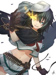  1girl ammunition_belt baffu brown_gloves burning_eye camouflage cape eyepatch gloves green_eyes green_hair grin hat heterochromia highres kantai_collection kiso_(kantai_collection) military military_uniform naval_uniform navel pauldrons remodel_(kantai_collection) sailor_hat scar scar_across_eye school_uniform serafuku short_hair simple_background smile solo turret uniform yellow_eyes 