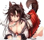  1girl ahoge all_fours animal_ears bangs bare_shoulders barefoot blush breasts brooch brown_hair chain cleavage collar collarbone dress efe hair_between_eyes imaizumi_kagerou jewelry large_breasts long_hair open_mouth red_eyes simple_background solo sweatdrop tail tears teeth touhou very_long_hair white_background wolf_ears wolf_tail 