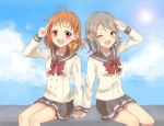  2girls ahoge blue_eyes bow braid brown_hair hair_ornament holding_hands looking_at_viewer love_live! love_live!_sunshine!! multiple_girls natsuna open_mouth orange_hair red_eyes school_uniform serafuku short_hair smile takami_chika watanabe_you 