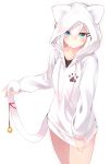 1girl animal_ears animal_hood bell blue_eyes blush bottomless cat_day cat_ears cat_hood cat_tail closed_mouth fake_animal_ears haegiwa hair_between_eyes hair_ornament hairclip holding_own_tail hood hoodie long_sleeves looking_at_viewer original shirt_tug simple_background solo tail tail_bell white_background white_hair 