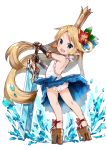  1girl black_gloves blonde_hair blue_eyes charlotta_(granblue_fantasy) crown dress floating_hair flower full_body geta gloves granblue_fantasy hair_flower hair_ornament hibiscus holding_weapon long_hair looking_at_viewer meito_(maze) open_mouth platform_footwear simple_background smile solo splashing standing sword very_long_hair water weapon white_background white_dress 