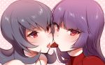  2girls akira_(natsumemo) bare_shoulders blush chocolate chocolate_heart dual_persona heart hime_cut incipient_kiss lips long_hair looking_at_another looking_at_viewer mouth_hold multiple_girls natsume_(pokemon) pink_background pokemon pokemon_(game) pokemon_hgss pokemon_rgby polka_dot polka_dot_background purple_hair red_eyes selfcest shiny shiny_hair short_hair tongue tongue_out yuri 