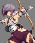  1girl aiming armor armpits arrow bangs bow_(weapon) breastplate breasts closed_mouth cowboy_shot eyepatch gloves grey_background grey_eyes hakama highres holding_weapon japanese_armor japanese_clothes lens_flare looking_at_viewer outstretched_arm painpa panties pauldrons purple_hair quiver seiken_rensei_monhame_saga short_hair shorts side-tie_panties simple_background single_glove sleeveless smile solo stitches thigh-highs underwear weapon white_gloves white_panties 