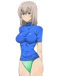  1girl arms_behind_back blue_eyes blush breasts commentary_request cowboy_shot girls_und_panzer green_swimsuit highres impossible_clothes impossible_shirt itsumi_erika kagemusha large_breasts long_hair looking_at_viewer shiny shiny_skin shirt silver_hair smile solo standing swimsuit wet white_background 