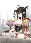  1girl antenna_hair bandaged_arm bandages bed black_gloves black_hair blush breasts cleavage crescent danua dress fingerless_gloves gloves granblue_fantasy hair_between_eyes highres horn_ornament horns jewelry kamata_yuuya large_breasts long_hair looking_at_viewer necklace pointy_ears red_eyes sitting solo stuffed_toy wariza white_dress 