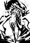  1girl bags_under_eyes bodysuit cannon cape collar collarbone commentary_request deel_(rkeg) gloves monochrome shinkaisei-kan small_breasts tentacles thigh_gap wavy_hair wo-class_aircraft_carrier 