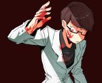  1boy bespectacled blood blood_on_face bloody_clothes bloody_hands brown_hair formal glasses looking_at_viewer male_focus matsuno_choromatsu osomatsu-kun osomatsu-san red_background simple_background solo suit white_suit 