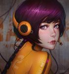  1girl artist_name blue_eyes blush bodysuit closed_mouth eyeshadow from_side guweiz headphones headset hexagon light_smile lips looking_at_viewer looking_to_the_side makeup purple_hair realistic short_hair solo wall 