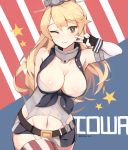  1girl american_flag blonde_hair breasts garter_straps hona_(pixiv7939518) iowa_(kantai_collection) kantai_collection long_hair smile solo star star-shaped_pupils symbol-shaped_pupils thigh-highs 