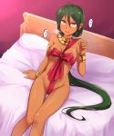  1girl bdsm bed bondage bound breasts dark_skin genderswap green_hair highres league_of_legends long_hair nam_(valckiry) open_mouth ponytail renekton ribbon ribbon_bondage sitting sweat trembling yellow_eyes 