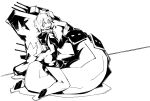  1girl backpack bag cannon commentary_request deel_(rkeg) hood hoodie hoodie_removed kantai_collection looking_at_viewer looking_back monochrome oversized_limbs re-class_battleship scarf sharp_teeth shinkaisei-kan short_hair sitting_on_tail teeth 