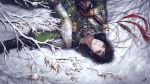 1boy armor berry black_hair branch character_request copyright_request danhu knife lying male_focus on_back parted_lips signature snow sword weapon winter 