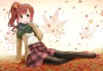  1girl autumn_leaves blush bow brown_eyes brown_hair hair_bow idolmaster idolmaster_cinderella_girls igarashi_kyouko kohane long_hair looking_at_viewer open_mouth pantyhose plaid plaid_scarf scarf side_ponytail skirt smile solo 