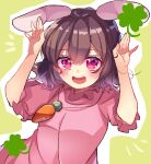  1girl animal_ears bangs blush breasts bunny_pose carrot_necklace clover commentary_request dress eyebrows_visible_through_hair floppy_ears four-leaf_clover frilled_sleeves frills hair_between_eyes highres inaba_tewi looking_at_viewer meimei_(meimei89008309) open_mouth pink_dress rabbit_ears rabbit_girl red_eyes short_hair small_breasts smile solo touhou upper_body 