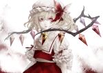  1girl bangs blonde_hair cravat demon_wings eyelashes flandre_scarlet hat hat_ribbon lips looking_at_viewer mob_cap pale_skin parted_lips puffy_short_sleeves puffy_sleeves red_eyes red_shirt red_skirt ribbon ribbon-trimmed_sleeves ribbon_trim rokuri-eva shirt short_sleeves side_ponytail skirt solo touhou upper_body white_background wings 