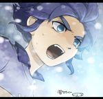  1boy aqua_eyes character_name face hakuren inazuma_eleven_(series) inazuma_eleven_go letterboxed male_focus mizuhara_aki no_pupils open_mouth purple_hair short_hair snow soccer_uniform solo sportswear sweat yukimura_hyouga 