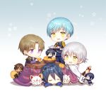  6+boys aqua_hair armor black_hair bottle brown_hair chibi closed_eyes cup eyepatch food food_on_head fox fruit fruit_on_head heshikiri_hasebe hood ichigo_hitofuri japanese_armor japanese_clothes k_(shinya90) kogitsunemaru konnosuke kotatsu lying male_focus mikazuki_munechika miniboy multiple_boys object_on_head on_stomach ookurikara open_mouth orange shokudaikiri_mitsutada sitting smile sode table teacup teapot touken_ranbu tray tsurumaru_kuninaga violet_eyes white_hair yagen_toushirou yellow_eyes 