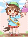  :3 :d alternate_costume animal_ears bag brown_eyes brown_hair cat_ears cat_tail chen commentary_request fang green_hat hat holding_hands ibarashiro_natou kindergarten_uniform multiple_tails name_tag nekomata open_mouth red_skirt school_bag short_hair skirt smile tail touhou two_tails white_legwear younger 