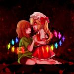  1girl androgynous brown_hair chara_(undertale) crossover flandre_scarlet holding_hands looking_at_another open_mouth red_eyes ribbon seiza shirt sitting spoilers striped striped_shirt tis_(shan0x0shan) touhou undertale wings 