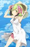  1girl android bare_shoulders bike_shorts blush clouds cloudy_sky dimension_w dress green_eyes green_hair hair_ribbon hat headgear holding holding_hat looking_at_viewer multicolored_hair outdoors piisu ribbon short_hair sky smile solo streaked_hair tail two-tone_hair white_dress yurizaki_mira 