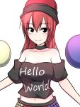  1girl bare_shoulders clothes_writing collar hat hecatia_lapislazuli kuroba_rapid long_hair looking_at_viewer navel off-shoulder_shirt red_eyes redhead shirt simple_background smile solo t-shirt touhou upper_body white_background 