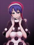  1girl blue_eyes blue_hair doremy_sweet dress hands_on_own_cheeks hands_on_own_face hat kuroba_rapid looking_at_viewer nightcap pom_pom_(clothes) short_hair short_sleeves smile solo touhou yandere_trance 