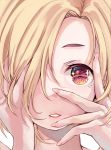  1girl bags_under_eyes blonde_hair blush close-up commentary_request face hair_over_one_eye heri idolmaster idolmaster_cinderella_girls looking_at_viewer open_mouth shirasaka_koume short_hair smile solo 