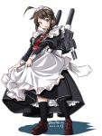  1girl adapted_costume alternate_costume apron black_dress blue_eyes braid brown_hair cannon dress enmaided hair_flaps kantai_collection maid maid_headdress neckerchief remodel_(kantai_collection) shigure_(kantai_collection) single_braid solo tatsumi_rei turret 