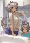  2girls animal_ears brushing_teeth dog_ears dog_tail enumiyan highres midriff multiple_girls navel original red_eyes shirt short_hair shorts silver_hair t-shirt tail toothbrush toothbrush_in_mouth 