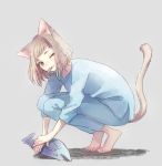  1girl :3 animal_ears barefoot brown_eyes brown_hair cako_asida cat_ears cat_tail eyelashes fish long_sleeves mouth_hold one_eye_closed original pants shadow short_hair simple_background smile solo squatting tail tiptoes 
